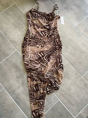 Brand New Women’s Brown Animal Print Asymmetrical Maxi Dress